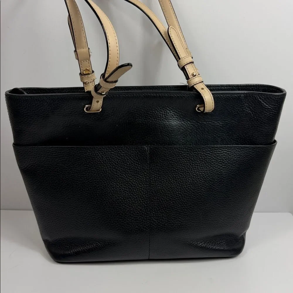 Michael Kors Black Pebbled Leather Tote Bag Beige Straps Large Shoulder Purse